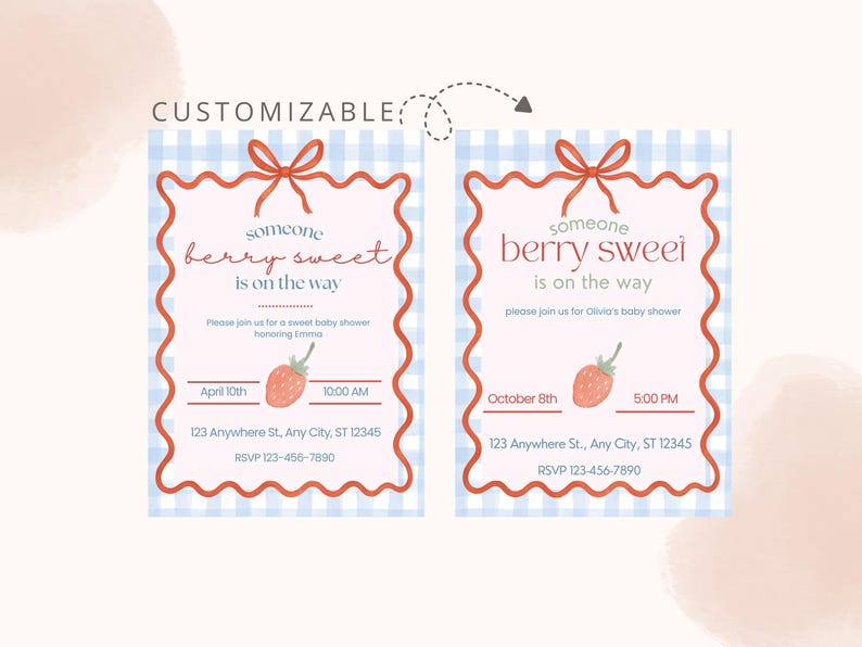 May include: Two baby shower invitations with a gingham background and a red border. The text reads "someone berry sweet is on the way" with a strawberry illustration. One invitation is for April 10th at 10:00 AM, the other for October 8th at 5:00 PM.