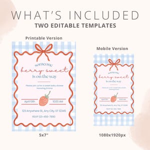 May include: Two baby shower invitation templates are shown, a 5x7 inch printable version and a mobile version. The invitations have a blue gingham background and a red scalloped border. The text reads "someone berry sweet is on the way."