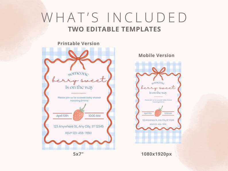 May include: Two baby shower invitation templates are shown, a 5x7 inch printable version and a mobile version. The invitations have a blue gingham background and a red scalloped border. The text reads "someone berry sweet is on the way."