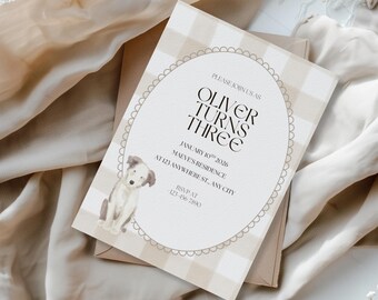 Welpe Geburtstagseinladung Vorlage | Aquarell Vichy Karo (Digital)