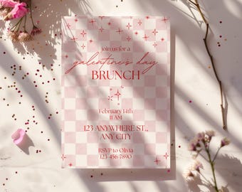Galentine's Day Brunch-Einladungsvorlage - Rosa Retro kariertes Design (druckbare & digitale Canva bearbeitbare Einladung)