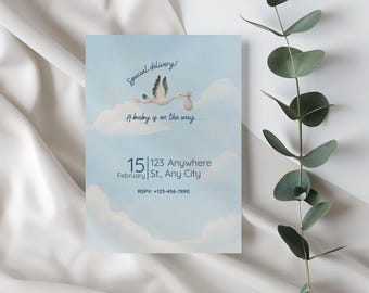 Storch-Babyparty-Einladungs-Schablone | Spezielle Lieferung Babyparty einladen | Neutrale Babypartyeinladung | Bearbeitbare Canva Vorlage