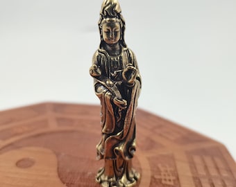 2PCS Solid Brass Standing Guanyin Statue Mini Kwan Yin Zen Meditation Decor XQ031