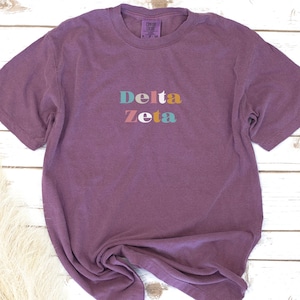 Pu&ograve; includere: Una maglietta viola con le parole "Delta Zeta" in lettere colorate.