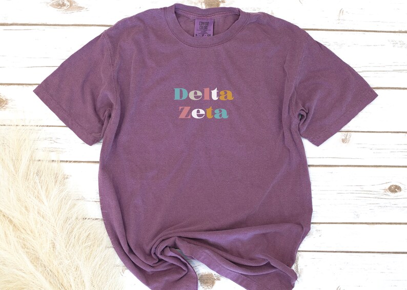 Pu&ograve; includere: Una maglietta viola con le parole "Delta Zeta" in lettere colorate.