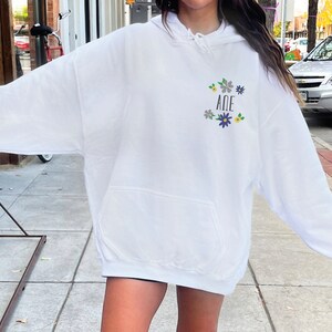 May include: White hooded sweatshirt with a purple and yellow floral design and the letters "A&Delta;E" in the center.