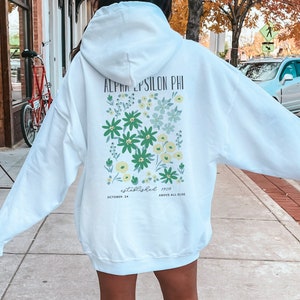 Maglietta oversize Alpha Epsilon Phi, confraternita personalizzata, felpa con cappuccio Alpha Epsilon Phi alla moda, felpa con fiori AEPhi, maglietta Alpha Epsilon Phi