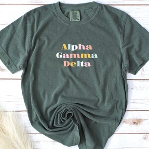 Pu&ograve; includere: Una maglietta verde scuro con le parole "Alpha Gamma Delta" stampate in lettere colorate.