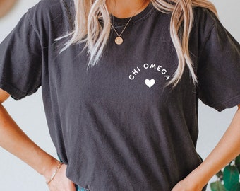 Comfort Colors Sorority Shirt, Heart, School, Pocket Art, Big Little Shirts, Phi Mu, Pi Beta Phi, Zeta Tau Alpha, Alpha Chi Omega, Alpha Phi