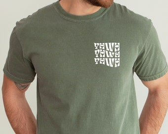 May include: Olive green t-shirt with a white graphic on the chest. The graphic is a stylized, wavy design with the letters "YEW" repeated three times. The shirt has a classic crew neck and short sleeves.