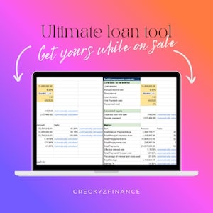 May include: A laptop screen showing a financial tool with data tables and calculations. The text "Ultimate loan tool" and "Get yours while on sale" are at the top. The bottom of the screen shows "CRECKYZFINANCE". The background has a pink, orange, and purple gradient.
