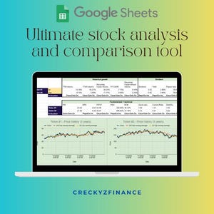 May include: A laptop displays a Google Sheets spreadsheet with stock analysis data. The screen shows financial metrics, charts, and the text "Ultimate stock analysis and comparison tool." The background gradient transitions from blue to yellow.