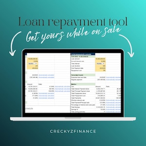 May include: A laptop screen shows a loan repayment tool with financial data in a spreadsheet. The display includes loan details, interest rates, and payment schedules. Text on the screen reads "Loan repayment tool" and "Get yours while on sale."