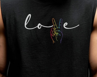 T-shirt Gay Pride Love Rainbow Peace | Mois de la fierté, signe de paix Love script, t-shirt graphique inclusif, débardeur GLBT, sweat à capuche, cropped ou muscle