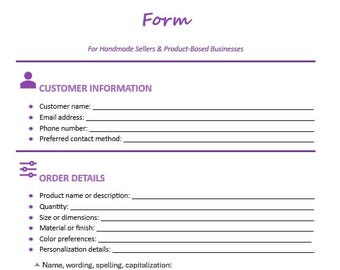 Op de afbeelding: Een wit formulier met paarse accenten met de titel "Custom Order Intake Form". Het bevat secties voor klantinformatie en bestelgegevens, zoals productnaam, hoeveelheid en personalisatie. Voor handgemaakte verkopers en productgebaseerde bedrijven.