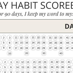 May include: A 90 day habit scoreboard tracker printed on white paper with black text. The header reads 90 DAY HABIT SCOREBOARD and For 90 days, I keep my word to myself. It features columns for Daily Goal and numbered circles for days 1 through 90.
