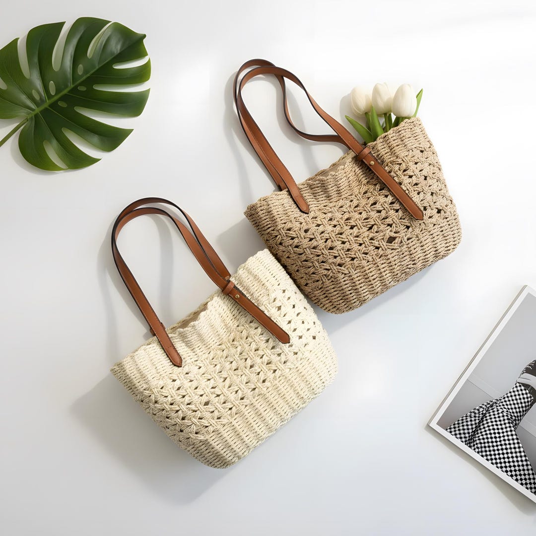 Rattan Woven Tote Bag Large Straw Handbag Women Summer Beach Travel ...