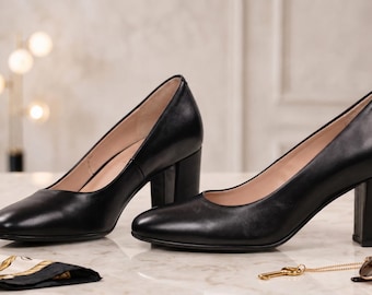Klassieke zwarte leren pumps - comfortabele lage blokhakschoenen voor dames, professionele kantoorwerkschoenen, jurkhakken met ronde neus