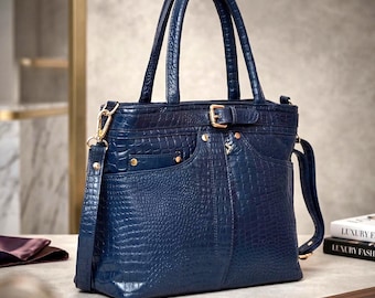 Crocodile Embossed Leather Tote Bag for Women, Luxury Blue Leather Handbag with Gold Hardware, Crossbody & Shoulder Purse
