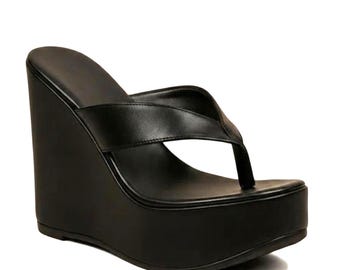 Handmade Black Leather Wedge Sandals - High Platform Flip Flops - Daily Wear Leather Wedges for Women - Artisan Crafted Thong Sandals