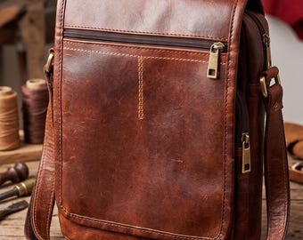 Handmade Vintage Brown Leather Messenger Bag for Men & Women | Genuine Leather Crossbody Bag | Small Leather Shoulder Bag