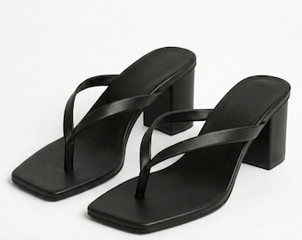 Handgemaakte zwarte stringsandalen, vierkante teen muiltjes met hoge hakken, blokhak sandalen met bandjes voor dames, minimalistische zomerhakken