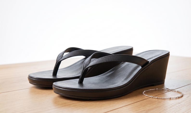 Op de afbeelding: Een paar zwarte sleehak sandalen met teensliemriemen. De sandalen staan op een houten oppervlak, naast een zilveren armband. De hakhoogte van de sandalen is ongeveer 5 cm.