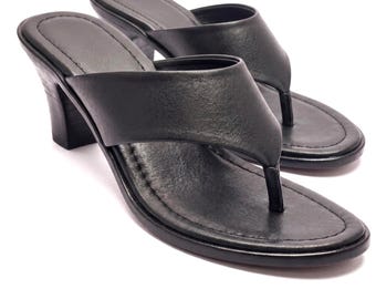Handgemaakte zwart lederen sandalen met hak voor dames, minimalistische effen string muiltjes, elegante dikke pantoffels met halfhoge hak, strakke zomerslippers