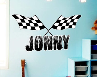 Custom Name Decal - Personalized Gift Racing Wall Decal for Boys Room - Custom Name Flag and Name Sticker - VWAQ-TTC1-P