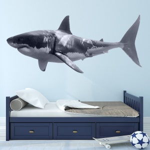 Shark Wall Decal - Great White Shark - Realistic Peel And Stick Jaws Sticker - Reusable Fabric Decal Material - VWAQ PAS3
