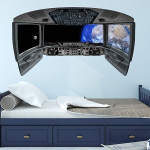 Window Mural Boys Room Decor - Galaxy Wall Sticker Space Shuttle Window Decal | Aviation Wall Art Spaceship Cockpit Wall Mural - VWAQ CP9