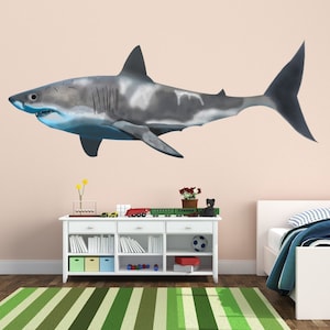 Shark Wall Decal - Great White Shark Home Decor Mural - Peel & Stick Jaws Room Decor made with Reusable Fabric Decal - VWAQ-PA22FB
