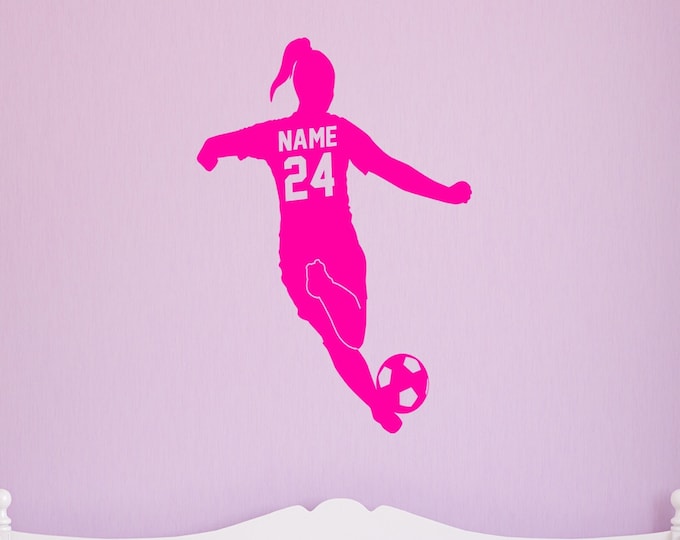 Custom Name Girls Soccer Player Wall Decal with Personalized Name and Soccer Ball - VWAQ TTC20