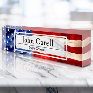 Personalized Name Plate for Desk | USA Flag | Patriotic Clear Acrylic Desk Plaque | Custom Office Decor | Personalized Gift (VWAQ-ACS19)