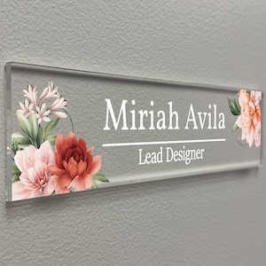 Esthetisch decor, acrylbord met naambordje op kantoor voor bureau of muur, bloemmotief (VWAQ-WACS28)