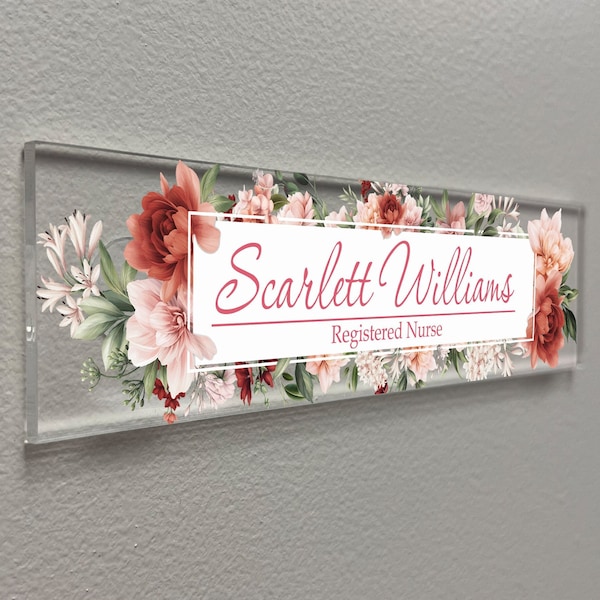 Office Door Name Plate, Aesthetic Decor, Acrylic Sign for Desk or Wall Floral Design (VWAQ-WACS21)