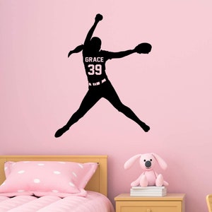 Personalized Girls Softball Pitcher Wall Decal with Name - Custom Baseball Wall Sticker Sports Decor - VWAQ - CS39