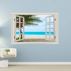 Wall Decal Beach Stickers 3D Window Wall Decal Ocean Beach Scene Palm Trees Wall art Decor Seascape Beach Wall Mural - VWAQ NWT15
