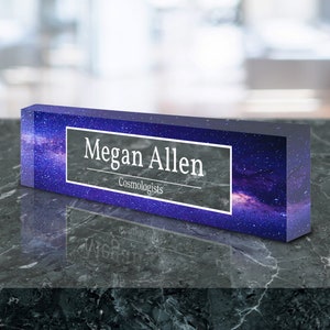 Personalized Name Plate for Desk | Clear Acrylic Galaxy Nebula art | Custom Office Decor Nameplate Sign | Personalized Gift (VWAQ-ACS27)