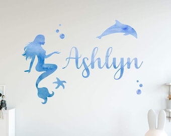 Mermaid Wall Decal Watercolor Mermaid Custom Name Wall Decal Personalized Girls Room Decor - VWAQ GN36