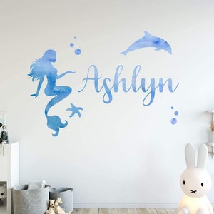 Mermaid Wall Decal Watercolor Mermaid Custom Name Wall Decal Personalized Girls Room Decor - VWAQ GN36