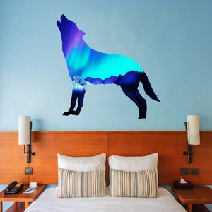 Northern Lights Wall Decal - Wolf Wall Sticker Scenery Decor - VWAQ SC12