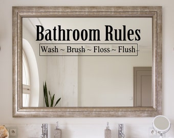 Mirror Decal Funny Bathroom art Sign | Wash, Brush, Floss, Flush Vinyl Wall Decal | Bathroom Wall Decor for Kids (VWAQ)