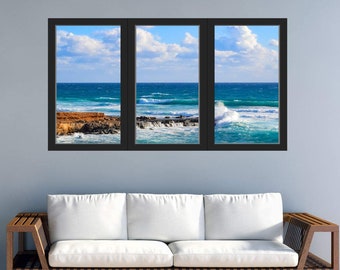 Beach Wall Decal 3D Beach View Office Window Wall Mural Sticker Peel and Stick Ocean Wall Decal Ocean Scene - VWAQ OW14