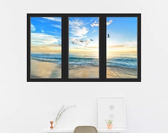 Sunset 3D Beach Office Window Wall Decals Ocean View Sticker Seascape Mural - VWAQ OW20