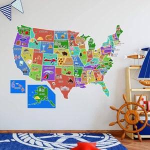 US Map Wall Decal United States of America Sticker Peel and Stick Kids Decor - VWAQ HOL44