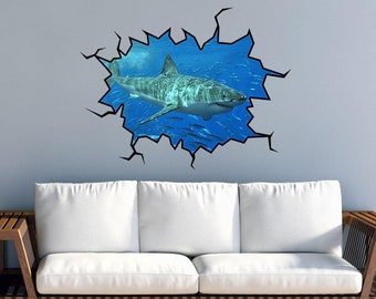Shark Wall Decals 3D Wall Decal Great White Shark Wall Sticker Family Wall Art Vinyl Peel And Stick Hole In The Wall Home Decor VWAQ-WC17