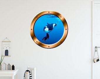 Underwater Orca Whales Window Porthole Ocean Vinyl Sticker Mural - VWAQ BP3