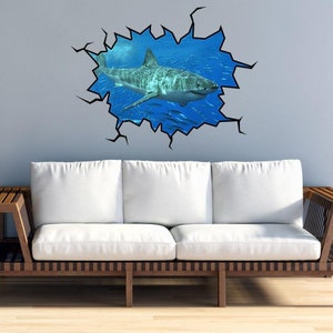 Shark Wall Decals 3D Wall Decal Great White Shark Wall Sticker Family Wall Art Vinyl Peel And Stick Hole In The Wall Home Decor VWAQ-WC17