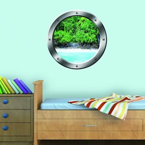 Ocean Wall Decal Beach Scene Surf Wall Art Front 3D Porthole Vinyl Scenery Decal Family Wall Art 3D Window Silver Portal Art Home Decor SP15